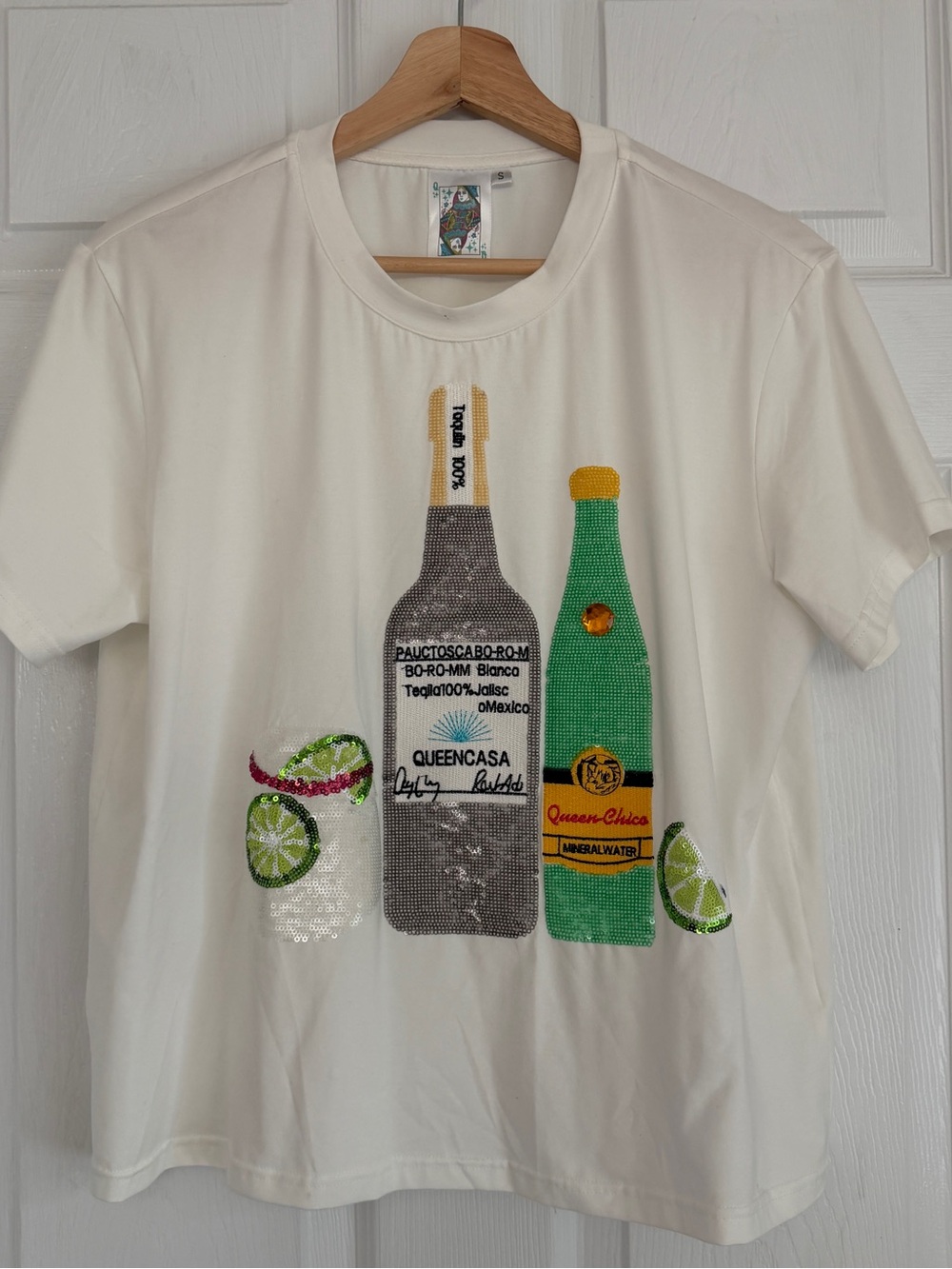 Queen of Sparkles Sequin Bottle & Lime Graphic Tee Sz S NWOT